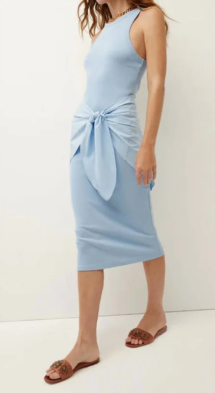 Odeon Tie-Front Ribbed Dress In Lake Blue