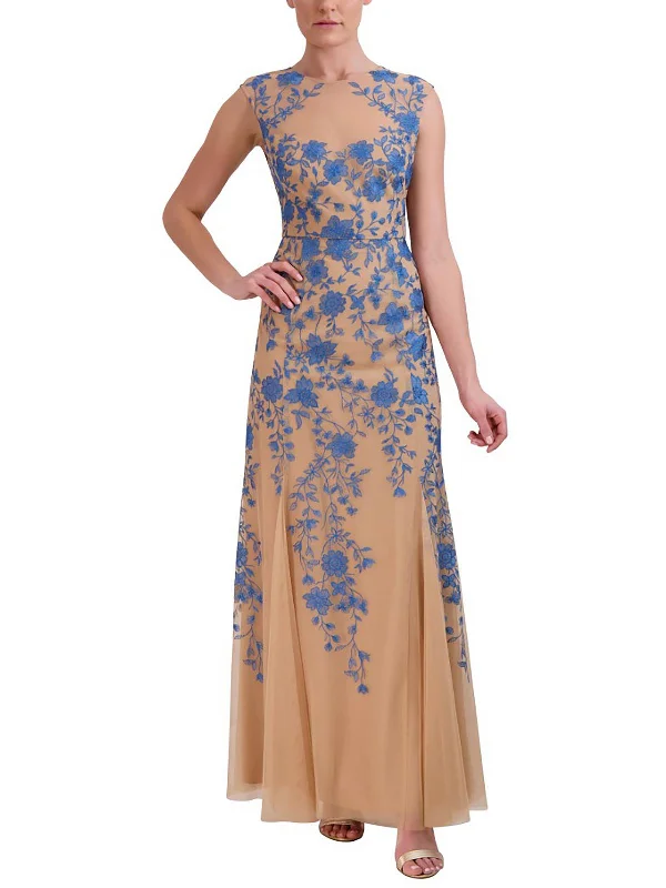 Womens Embroidered Floral Evening Dress