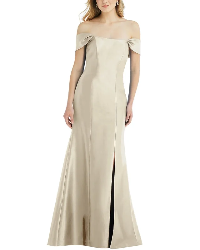 Alfred Sung Off-The-Shoulder Bow-Back Satin Trumpet Gown