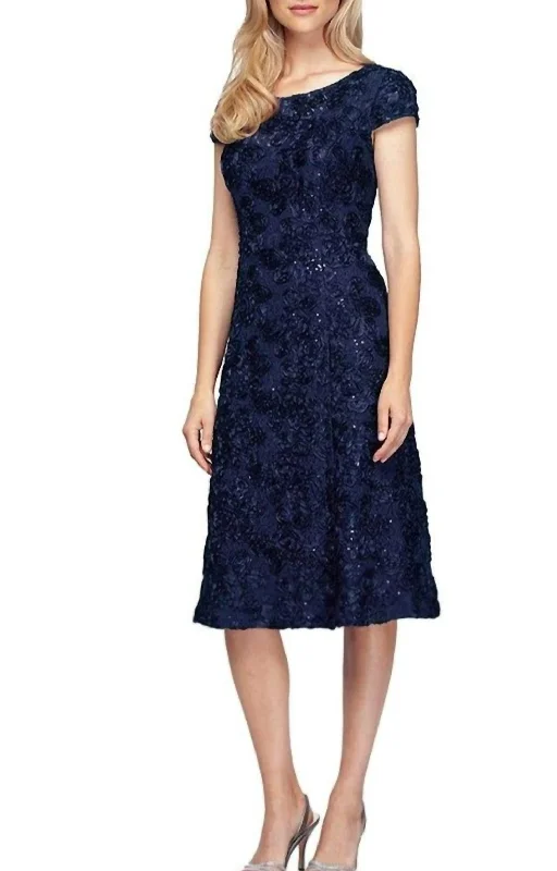 Cap Sleeve Rosette Lace Dress In Navy