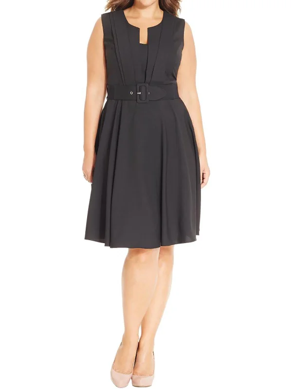 Womens Pleat-Front Belted Casual Dress