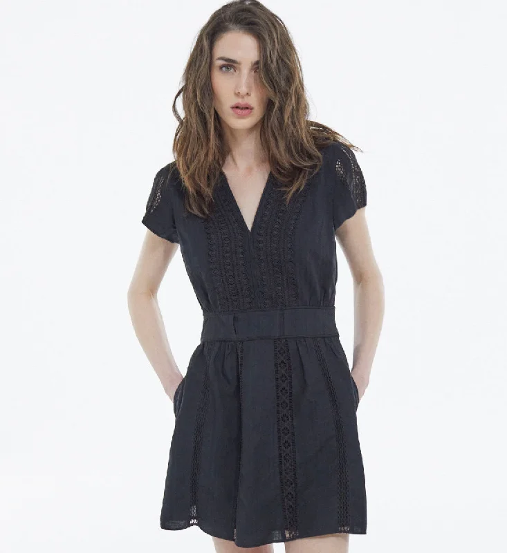 Short Black Embroidered Dress W/ Band Details