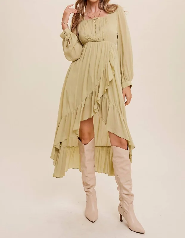 High Low Ruffled Wrap Style Maxi Dress In Light Olive