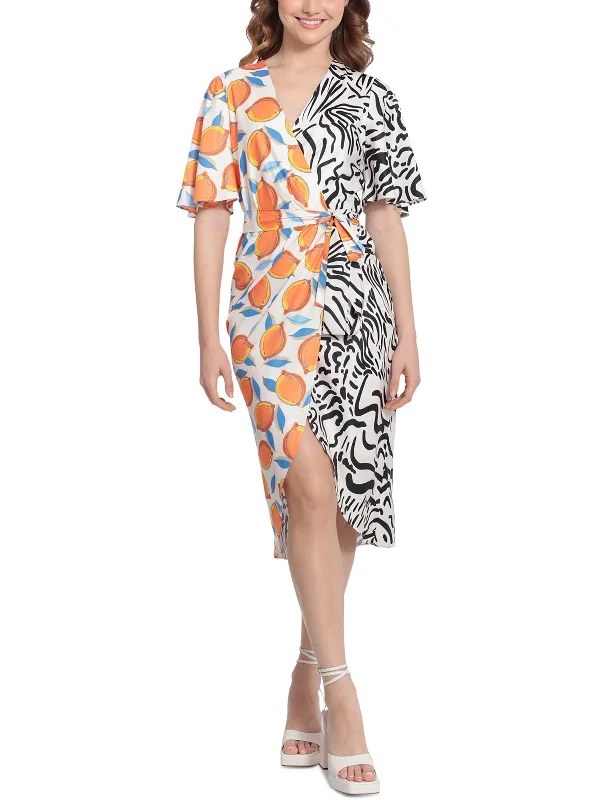 Womens Mixed-Print Polyester Wrap Dress