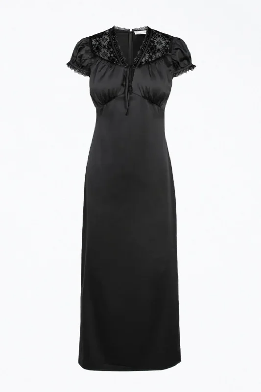 Lace-Trimmed Satin Midi Dress In Black