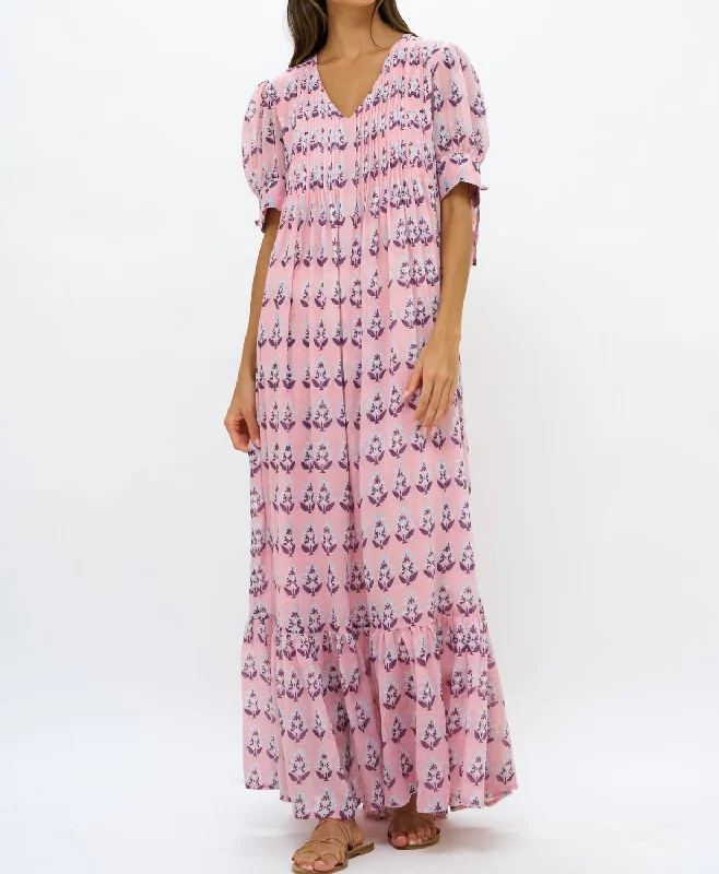 V-Neck Pintuck Maxi Dress In Bodrum Pink