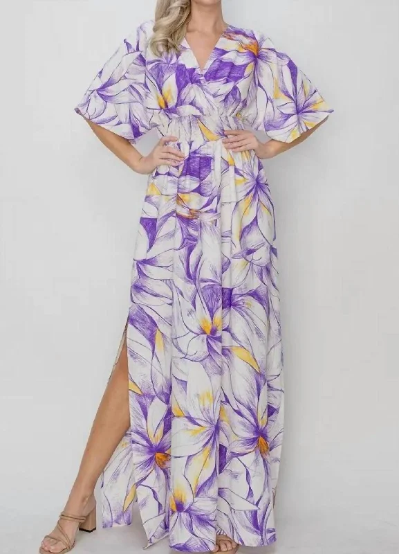 Floral Short Sleeve Maxi Dress In Purple