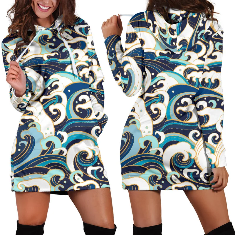 Japanese Wave Pattern Women'S Hoodie Dress