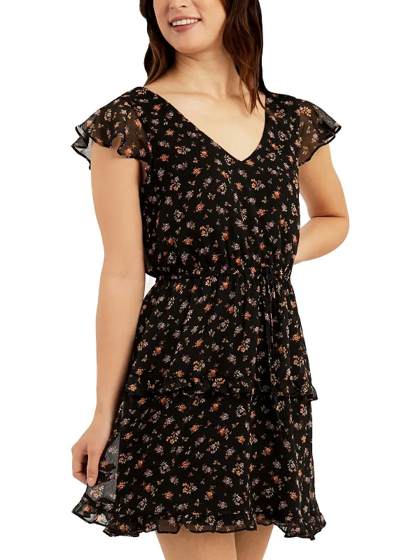 Juniors Womens Mini Floral Print Fit & Flare Dress