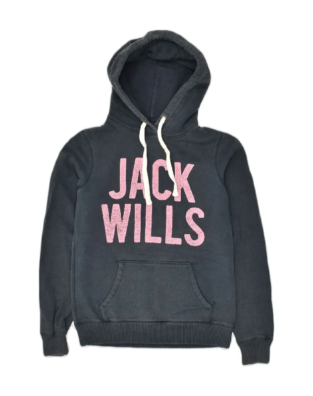 JACK WILLS Womens Graphic Hoodie Jumper UK 8 Small  Navy Blue Cotton