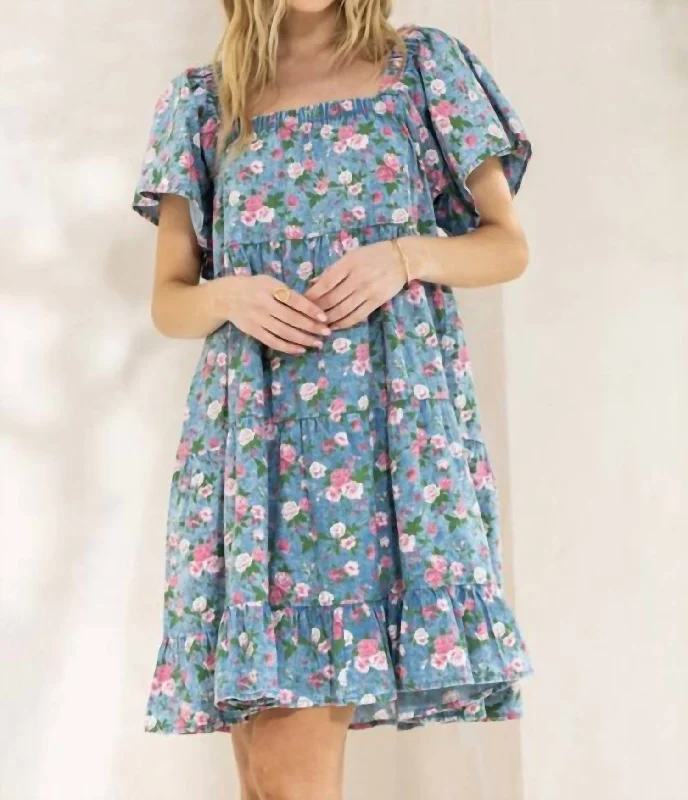 Floral Denim Tiered Dress