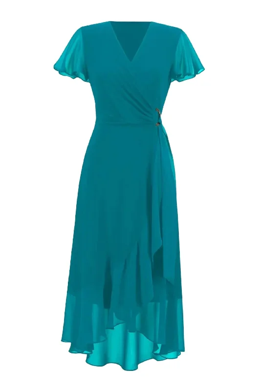 Wrap Front Chiffon Dress In Turquoise