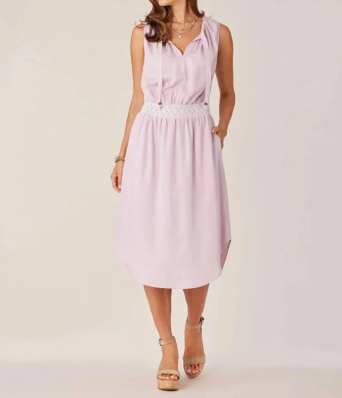 Embroidered Smocked Waist Woven Dress In Smokey Lavender