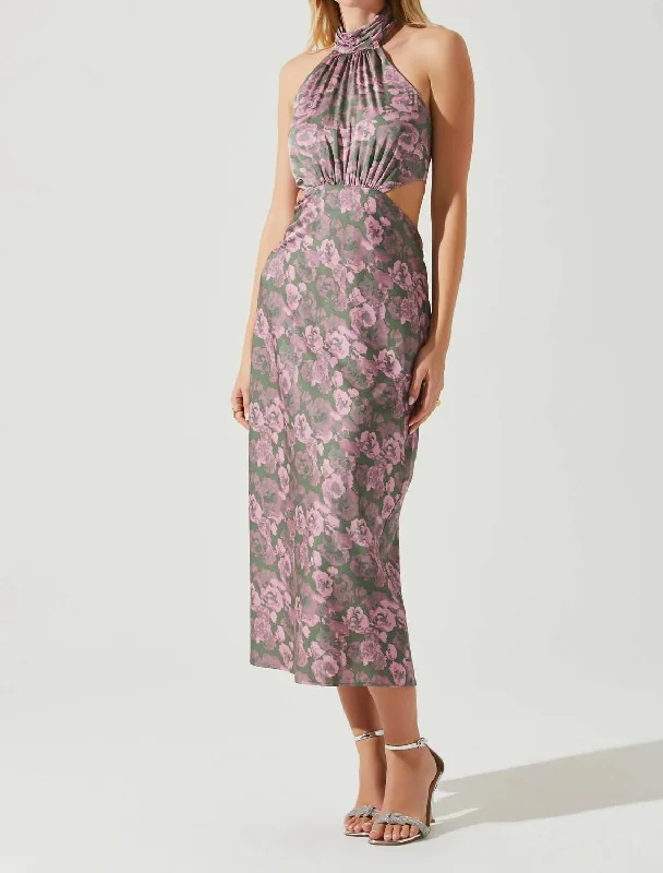 Ambretta Floral Halter Midi Dress In Pink Floral Print