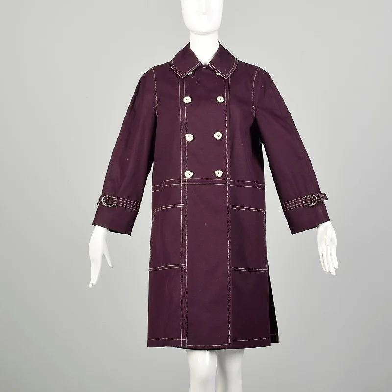 Medium 1960s Coat Aubergine Mod Double Breasted Plum Canvas Autumn Topstitched