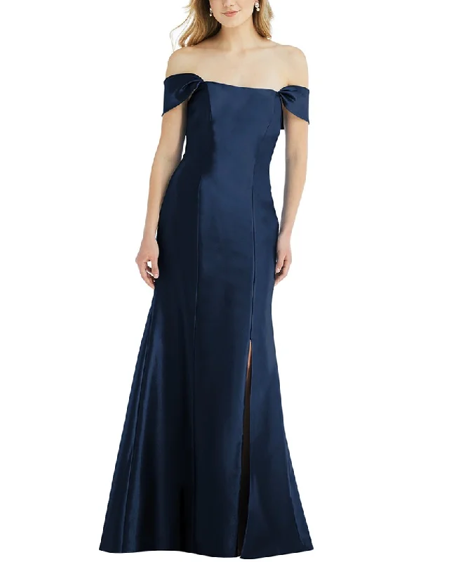 Alfred Sung Off-The-Shoulder Bow-Back Satin Trumpet Gown