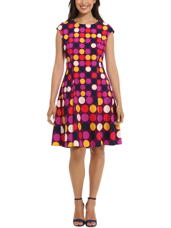 Petites Womens Polka Dot Fit & Flare Dress