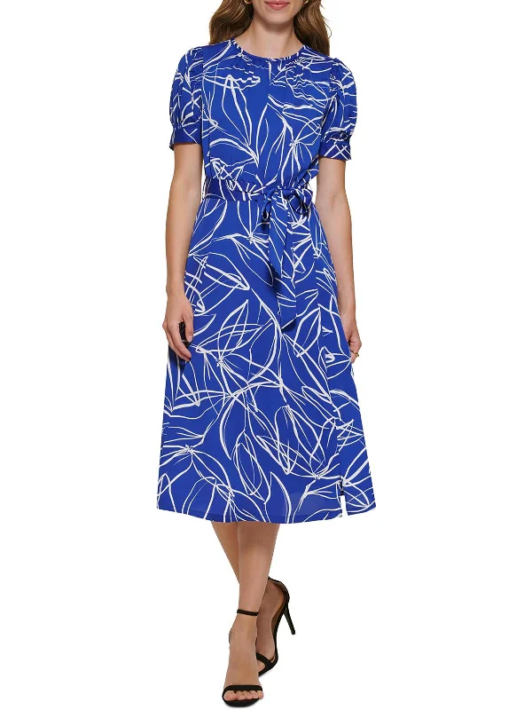 Womens Puff Sleeve Printed Midi Dress