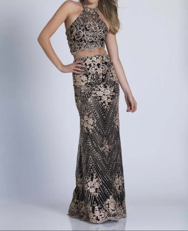 Beaded Two Piece Gown In Black And Gold