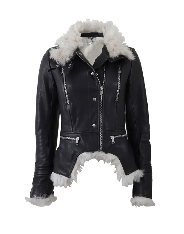 High Neck Leather Jacket With Shearling