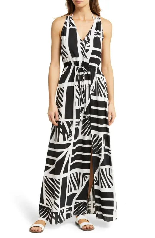 V-Neck Tie Back Maxi Dress In Black And White Multi