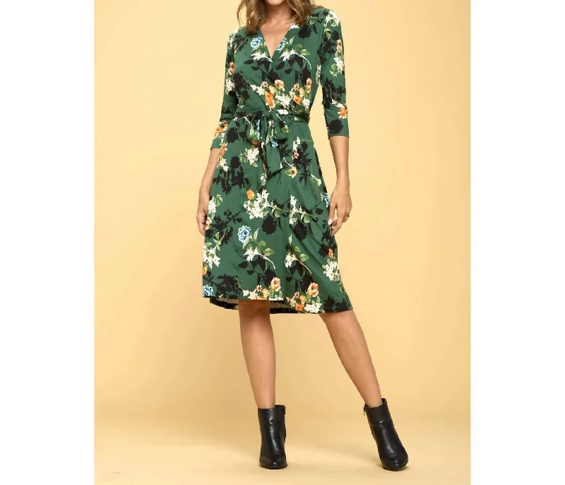 Floral Print V-Neck Wrap Dress In Green