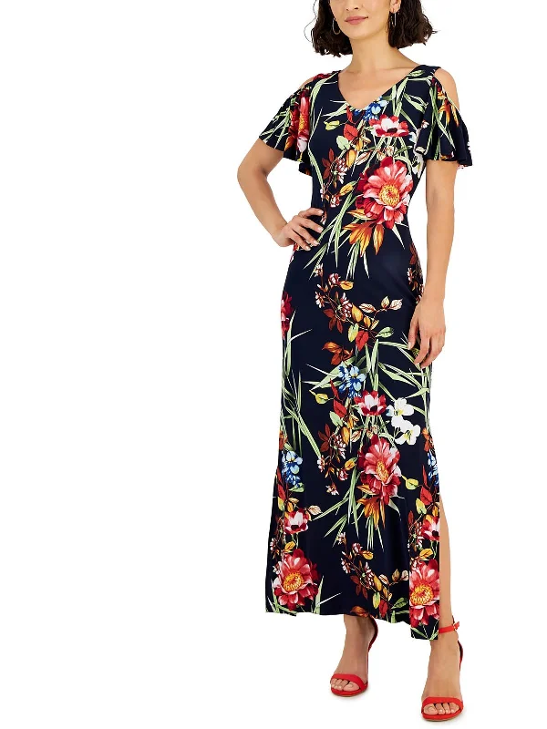 Petites Womens Floral Print Maxi Maxi Dress