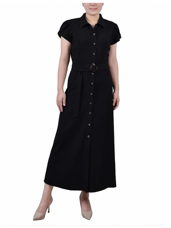 Petites Womens Belted Polyester Shirtdress