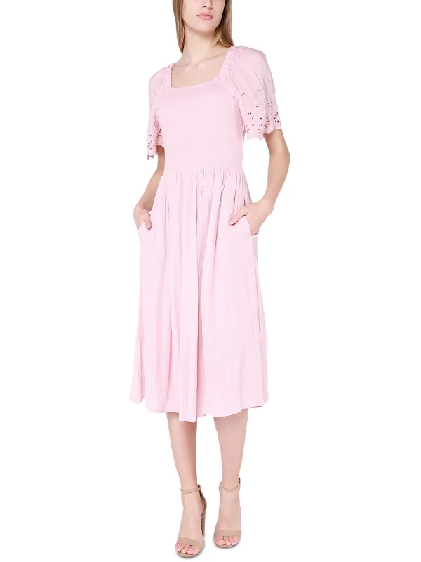 Womens Smocked Eyelet Midi Dress