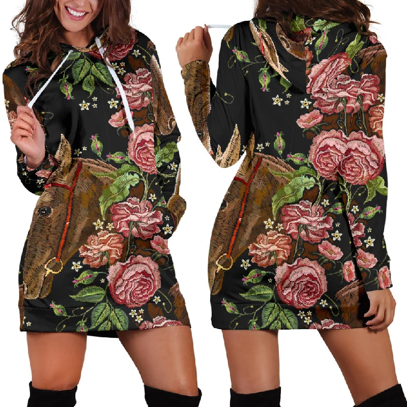 Horse Head Wild Roses Pattern Women'S Hoodie Dress