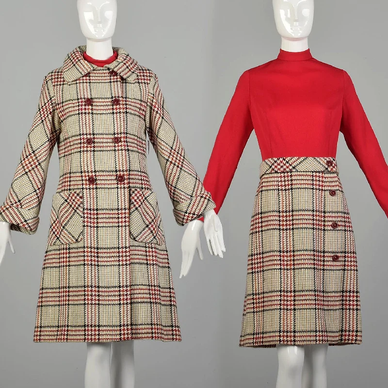 Medium 1960s Plaid Dress and Winter Coat Ensemble Long Sleeve Tweed Outfit