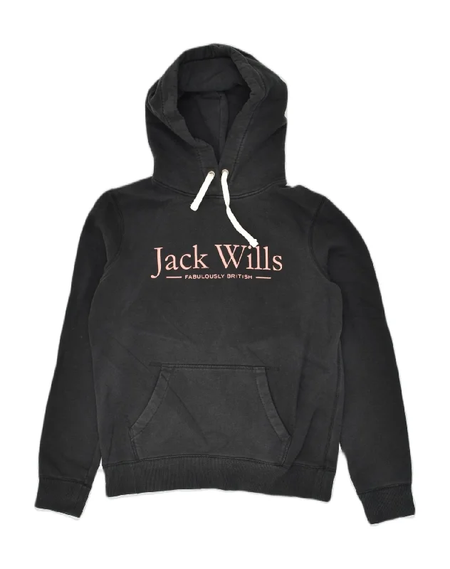 JACK WILLS Womens Graphic Hoodie Jumper UK 12 Medium  Black Cotton