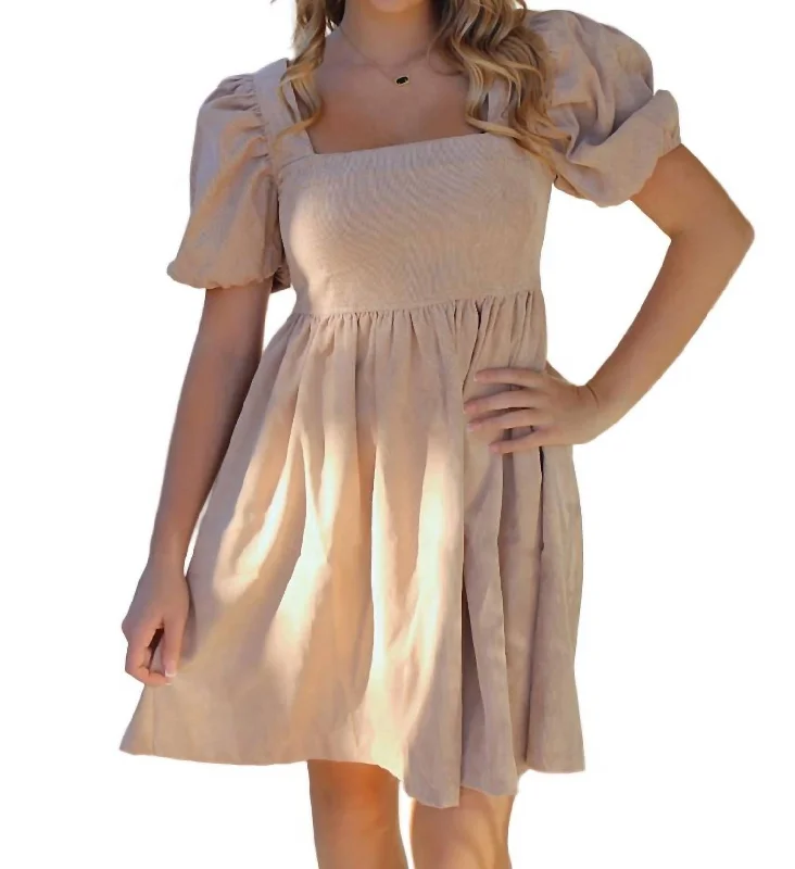 Puff Sleeve Babydoll Mini Dress In Taupe