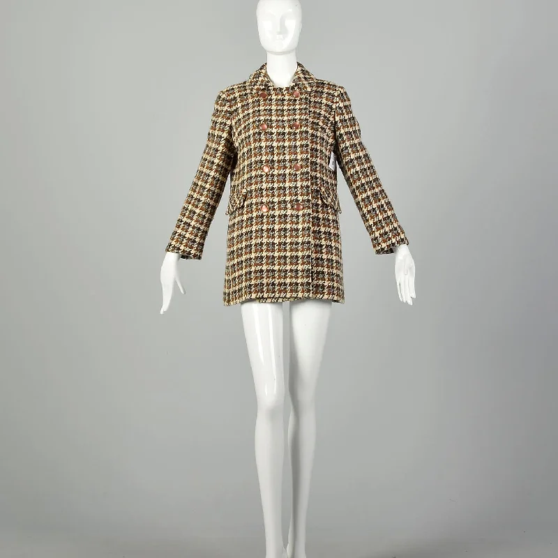 Small 1960s Tweed Coat Plaid Woven Winter Car Coat Mod Double Breasted