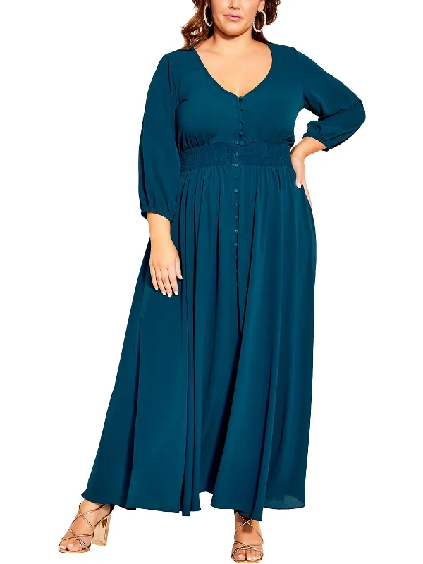 Plus Womens Smocked Polyester Maxi Dress