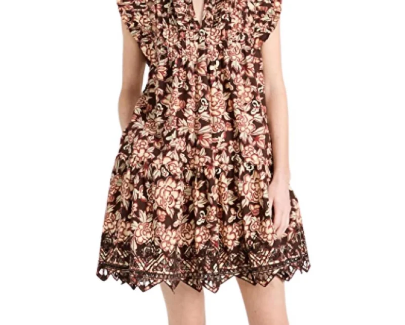 Emelia Print Flutter Sleeve Dress In Brown