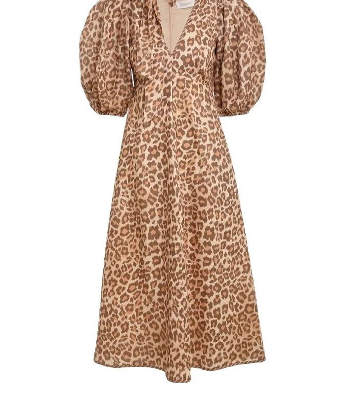 Women's Tie Neck Midi Dress In Toffee Leopard