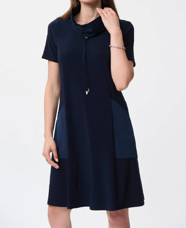 A-Line Dress With Gathered Neckline In Midnight Blue