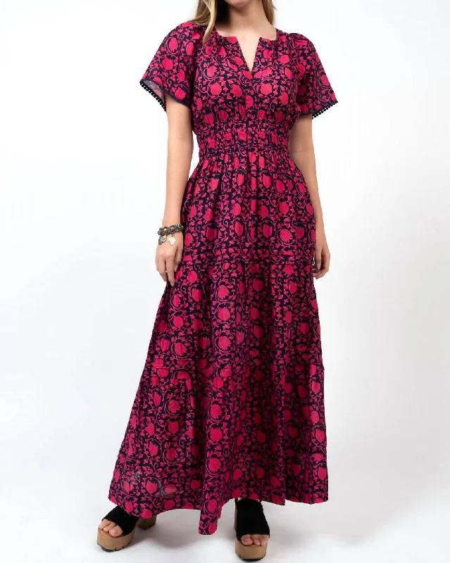 Cinch Waist Midi Dress In Pink Floral