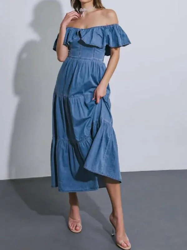 Off Shoulder Denim Dress In Blue