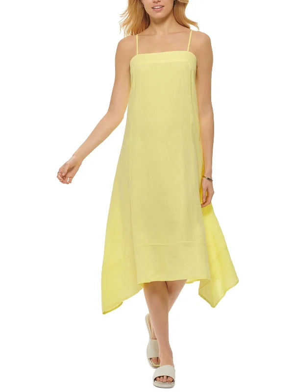 Womens Sharkbite Hem Linen Midi Dress