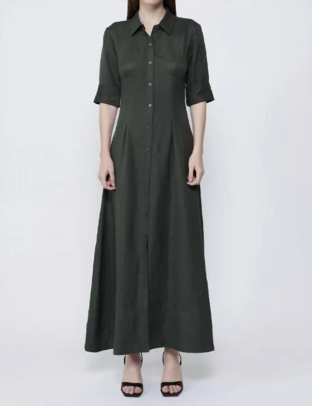 Claudine Short Sleeve Shirt Midi Dress In Army