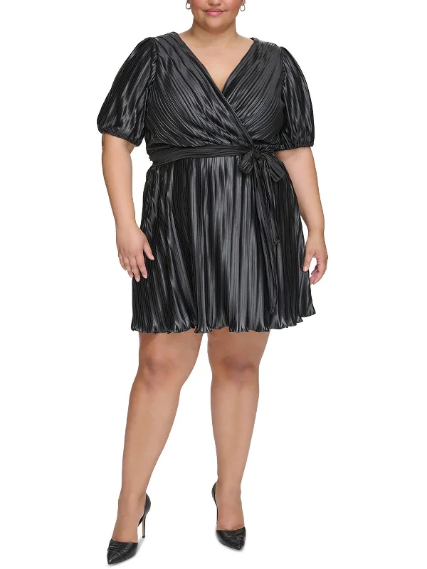 Plus Womens Pleated Crinkled Wrap Dress