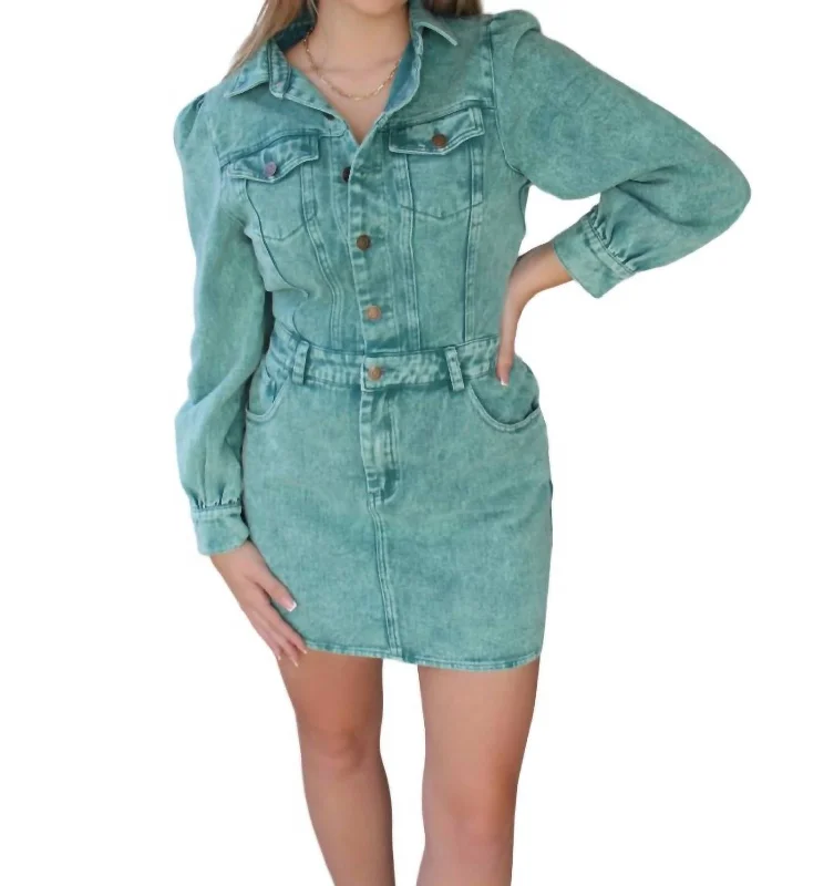 Em Washed Denim Dress In Green