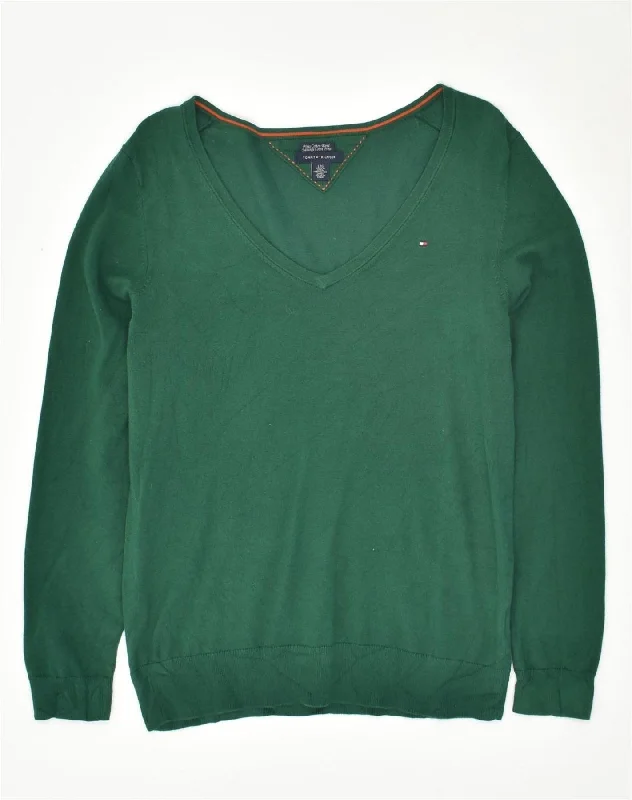 TOMMY HILFIGER Womens V-Neck Jumper Sweater UK 14 Large Green Cotton