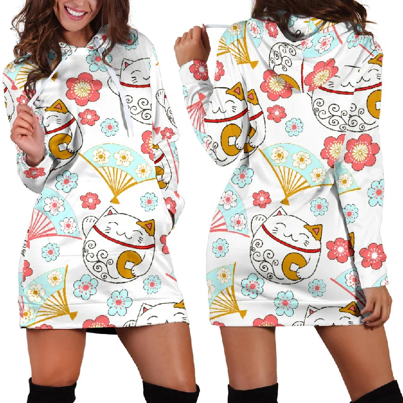 Maneki Neko Lucky Cat Fan Sakura Women'S Hoodie Dress