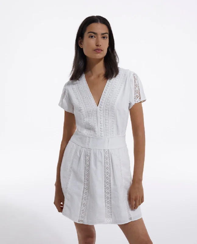 Short Ecru Embroidered Dress W/ Ribbon Detail