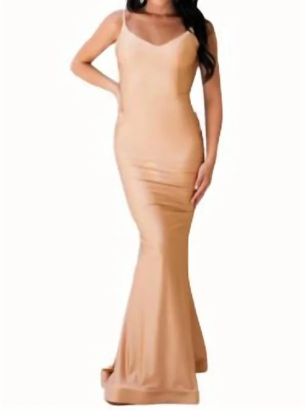 Jersey Gown With Long Ruffle Train In Peach