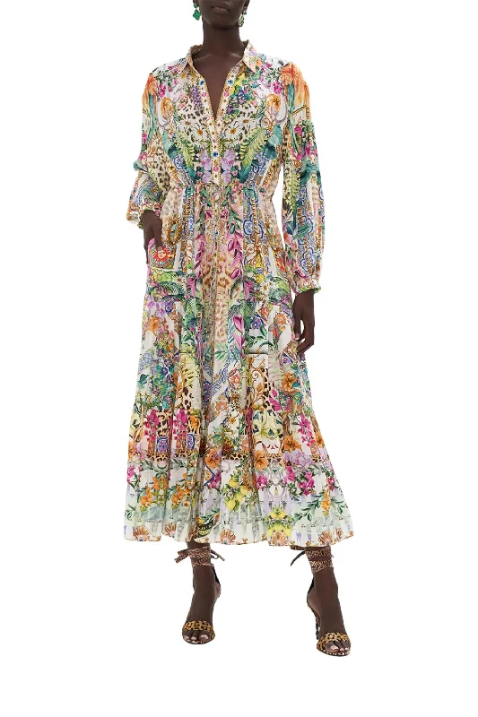 Tiered Long Shirt Dress In Flowers Of Neptune