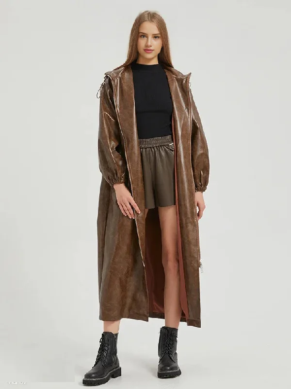 City Commuter PU Leather Midi Trench Coat Rain Coats